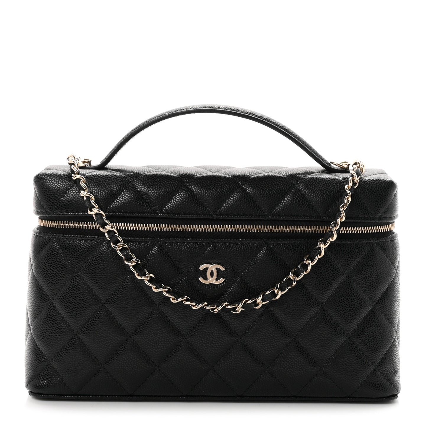 Caviar Quilted Large Top Handle Slim Vanity With Chain Black