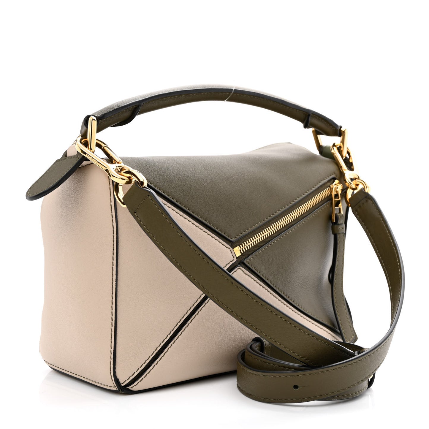 Grained Calfskin Small Puzzle Bag Autumn Green Light Oat