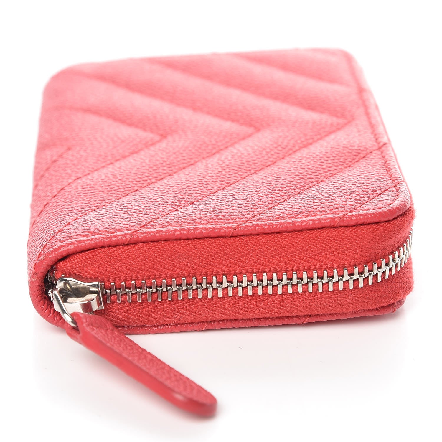 Chanel Caviar Chevron Quilted Zip Coin Purse Light Red 10 of 13