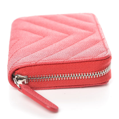 Chanel Caviar Chevron Quilted Zip Coin Purse Light Red 10 of 13