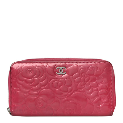 Chanel Patent Camellia Embossed Large Gusset Zip Around Wallet Pink 1 of 15