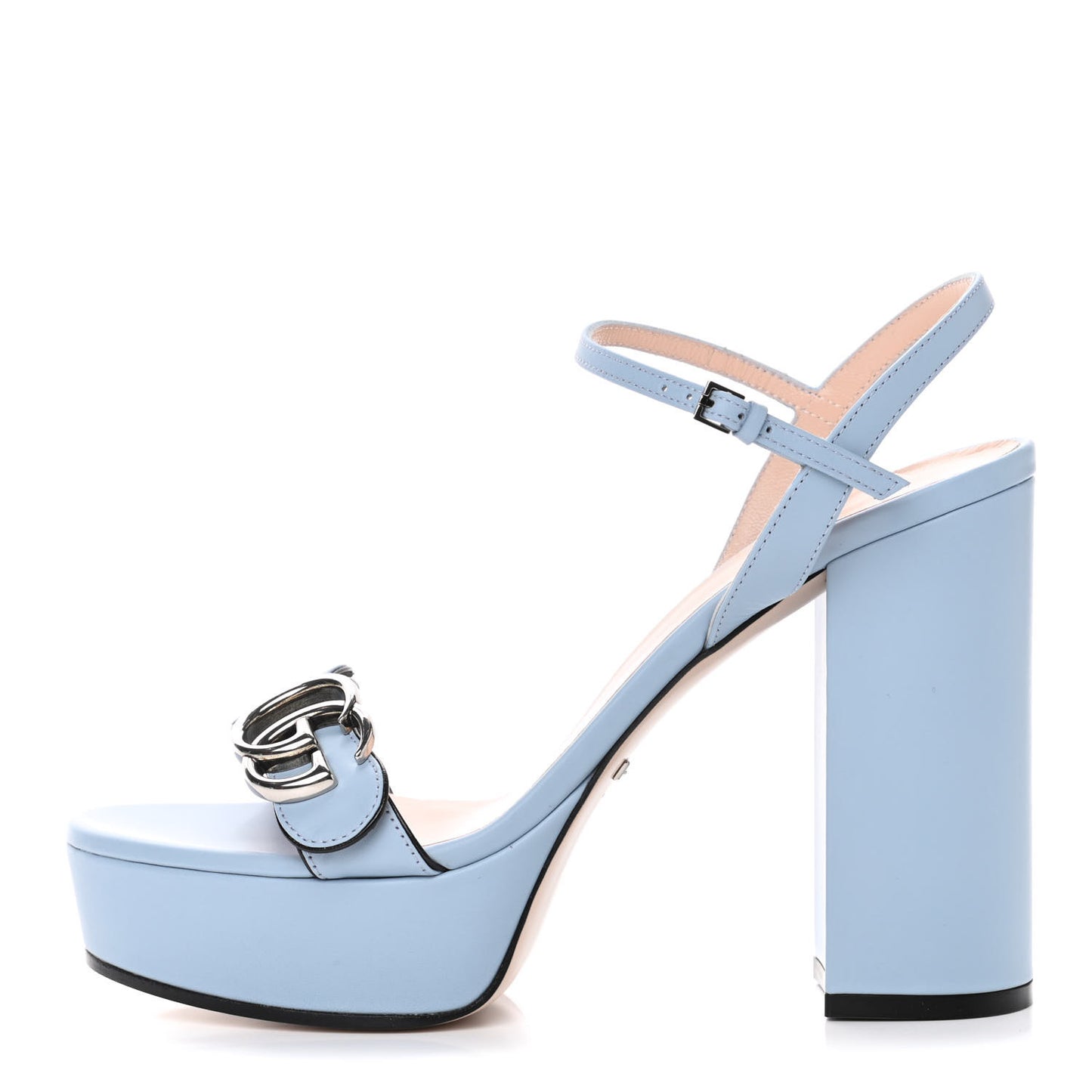 Calfskin GG Marmont Ankle Wrap 30/115mm Platform Sandals 38 Porcelain Light Blue