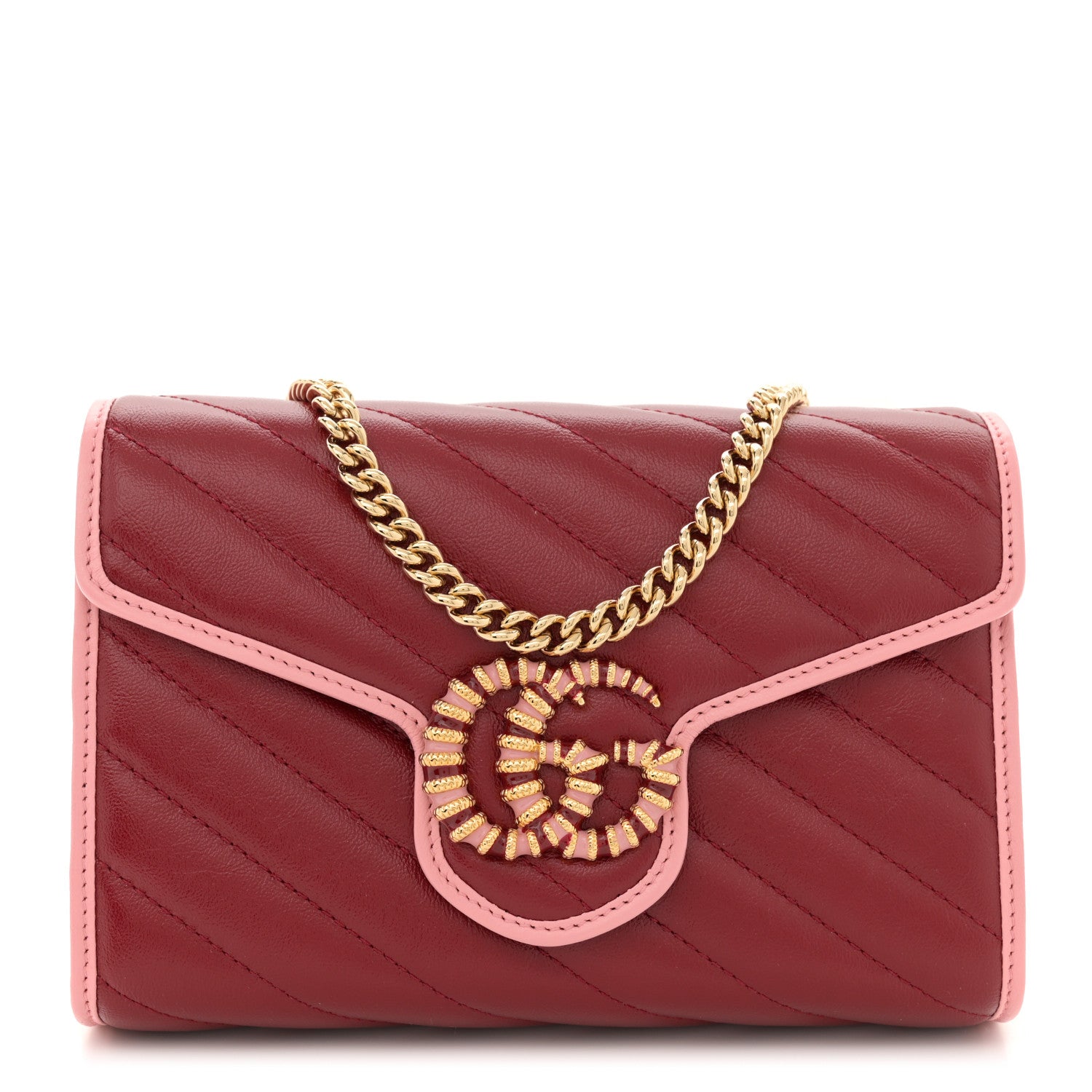 Gucci Azalea Calfskin Enamel Matelasse Diagonal Torchon GG Marmont Chain Wallet New Cherry Red Wild Rose 1 of 11