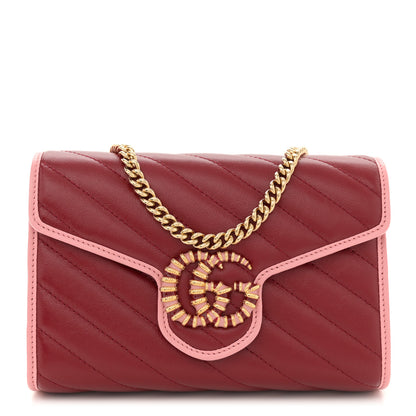 Gucci Azalea Calfskin Enamel Matelasse Diagonal Torchon GG Marmont Chain Wallet New Cherry Red Wild Rose 1 of 11