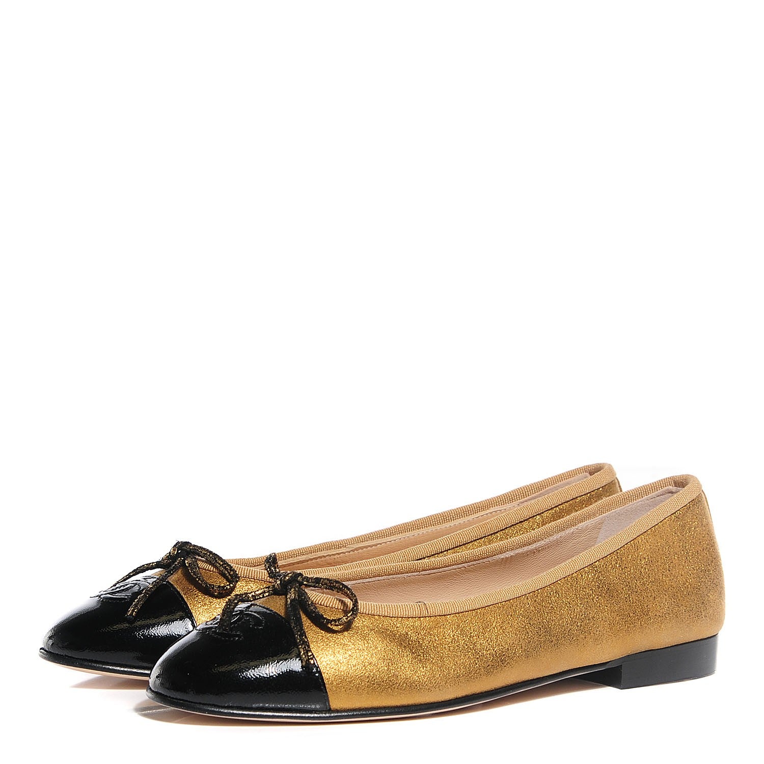 Chanel Metallic Calfskin Cap Toe Ballerina Flats 38.5 Gold Black 3 of 7