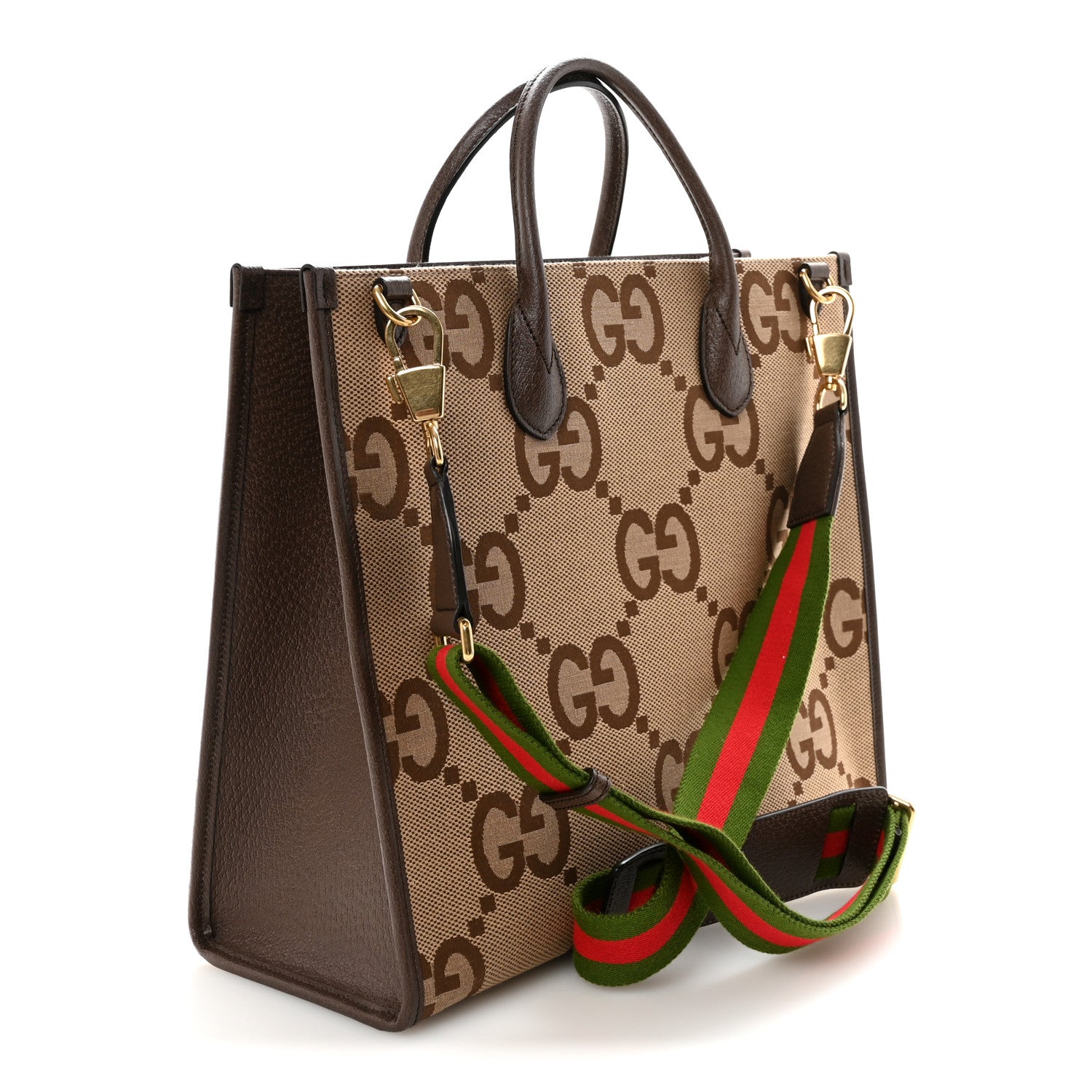 Gucci Monogram Jumbo GG Textured Dollar Calfskin Web Tote Bag Camel Ebony New Acero 3 of 9