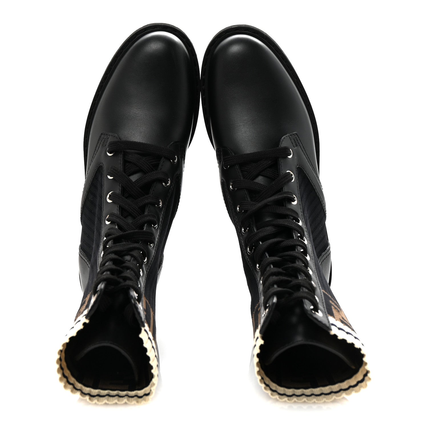 Fendi Calfskin Stretch Fabric Rockoko Biker Boots 37 Tobacco Black Marino 2 of 9