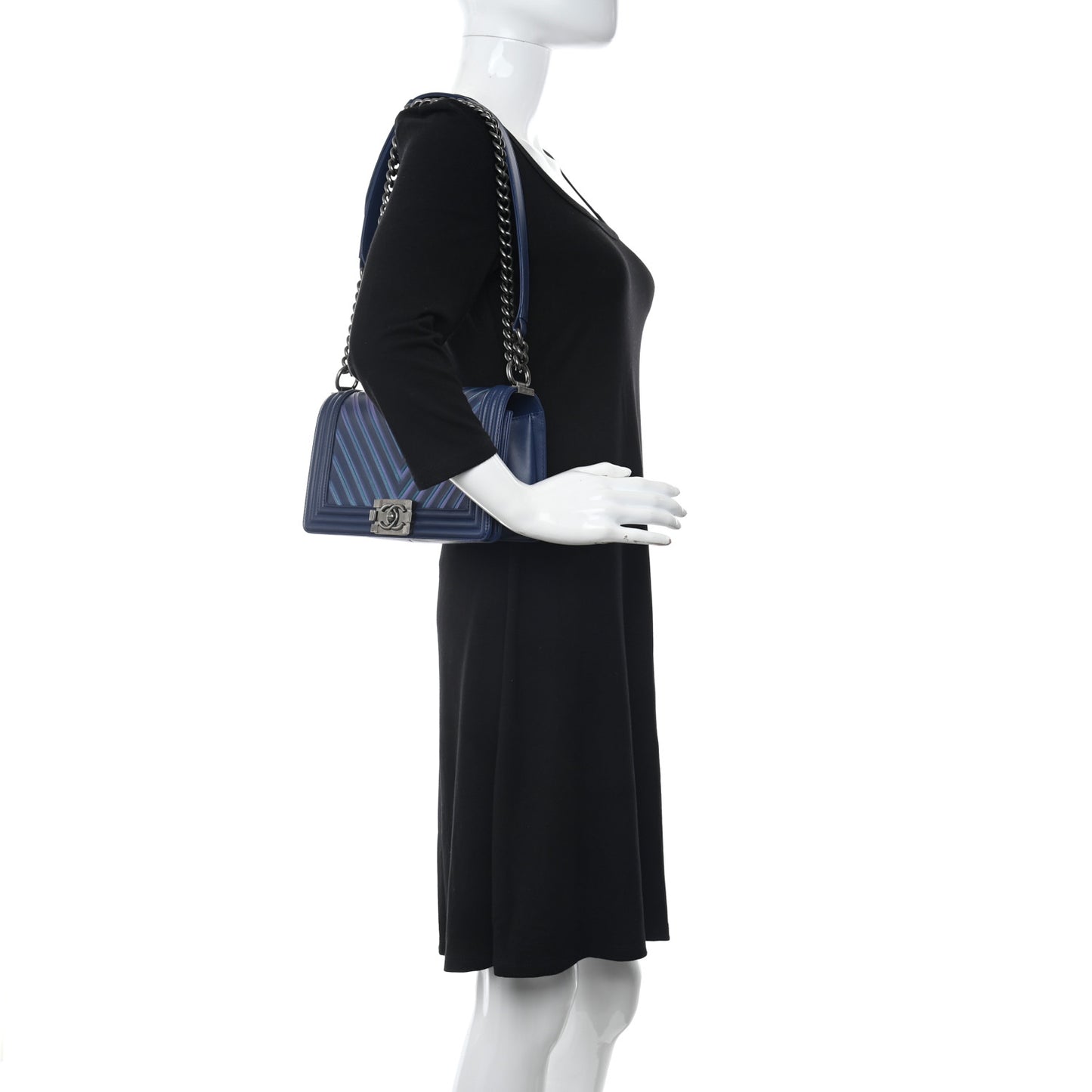 Calfskin Painted Chevron Embossed Medium Boy Flap Navy