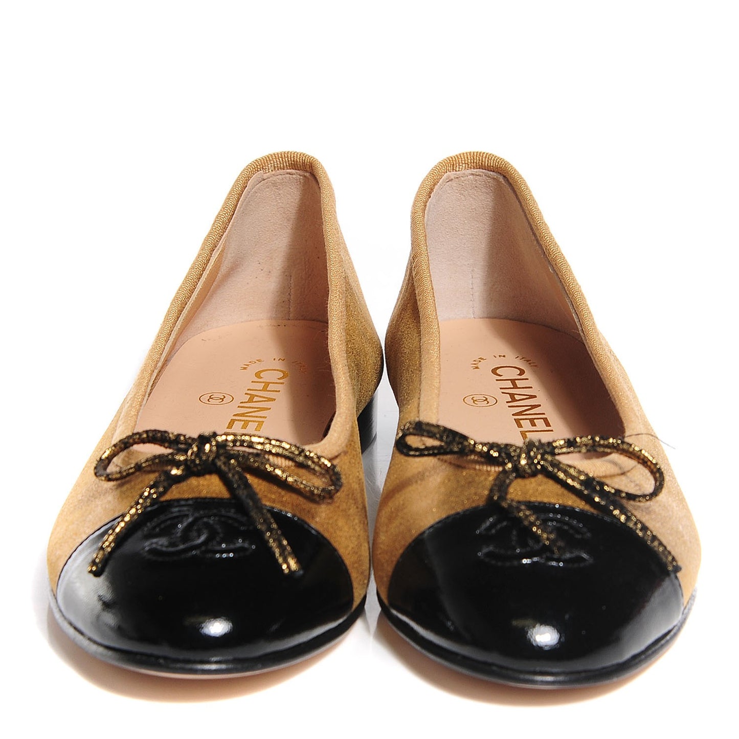 Metallic Calfskin Cap Toe Ballerina Flats 38.5 Gold Black