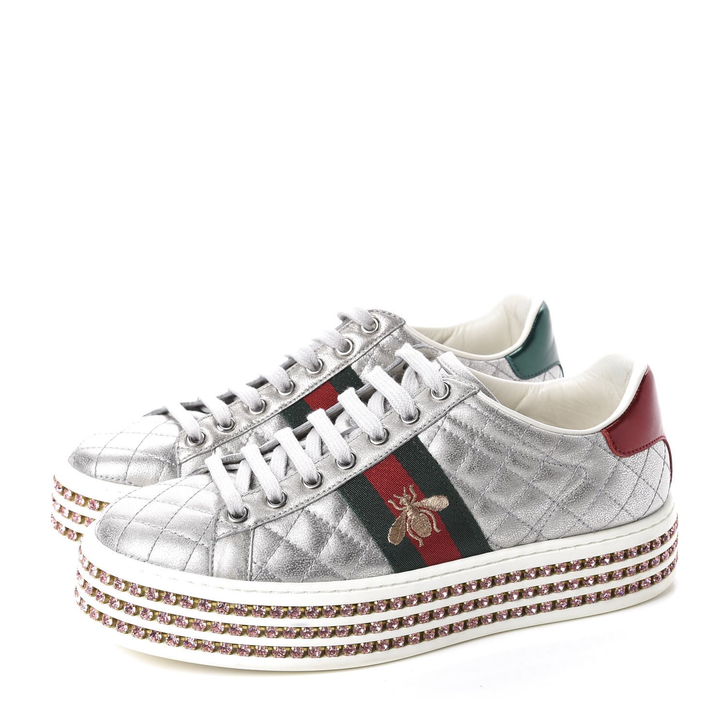 Laminated Nappa Crystal Web Bee Embroidered Trapuntata Womens Ace Platform Sneakers 36.5 Argento