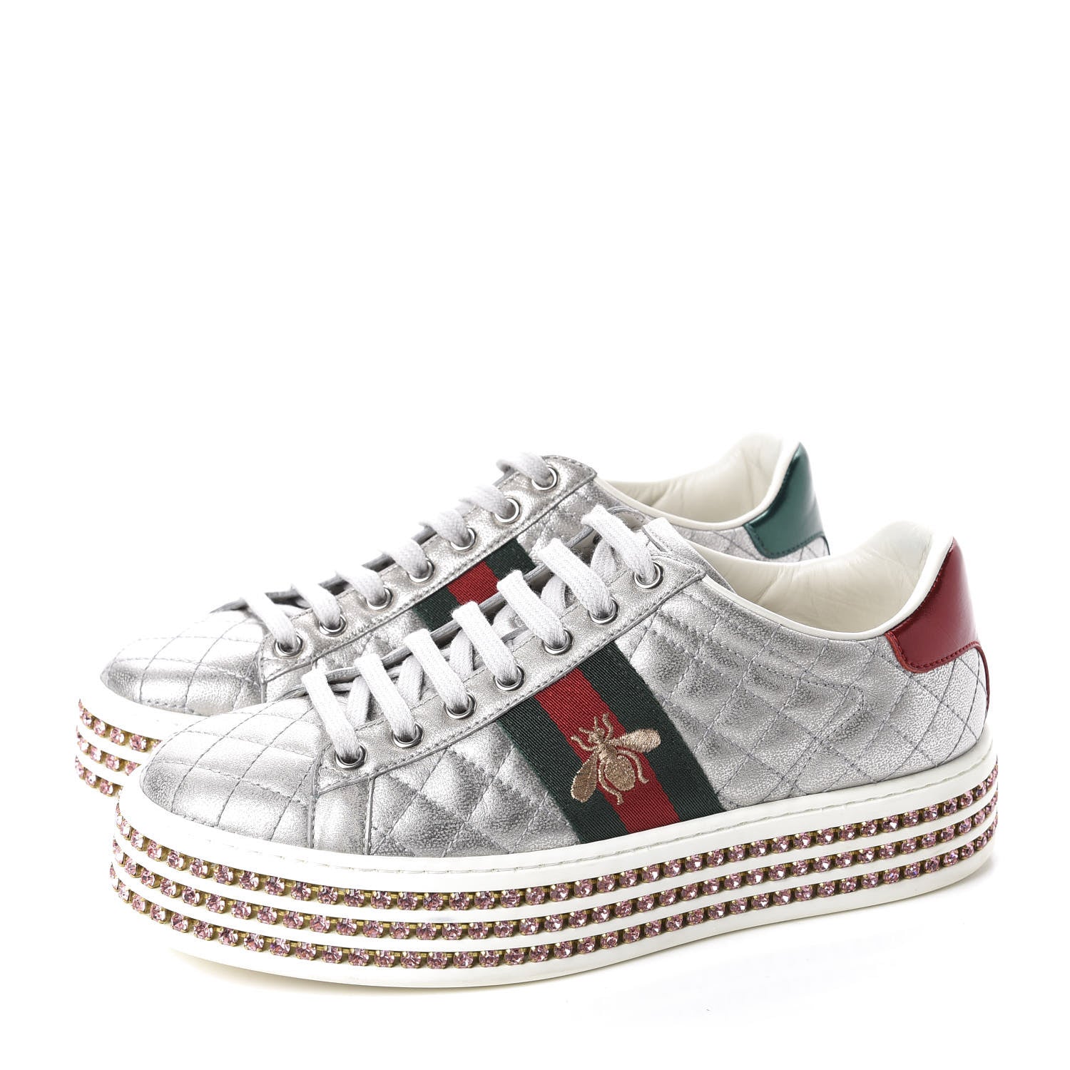 Gucci Laminated Nappa Crystal Web Bee Embroidered Trapuntata Womens Ace Platform Sneakers 36.5 Argento 3 of 12