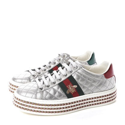 Gucci Laminated Nappa Crystal Web Bee Embroidered Trapuntata Womens Ace Platform Sneakers 36.5 Argento 3 of 12