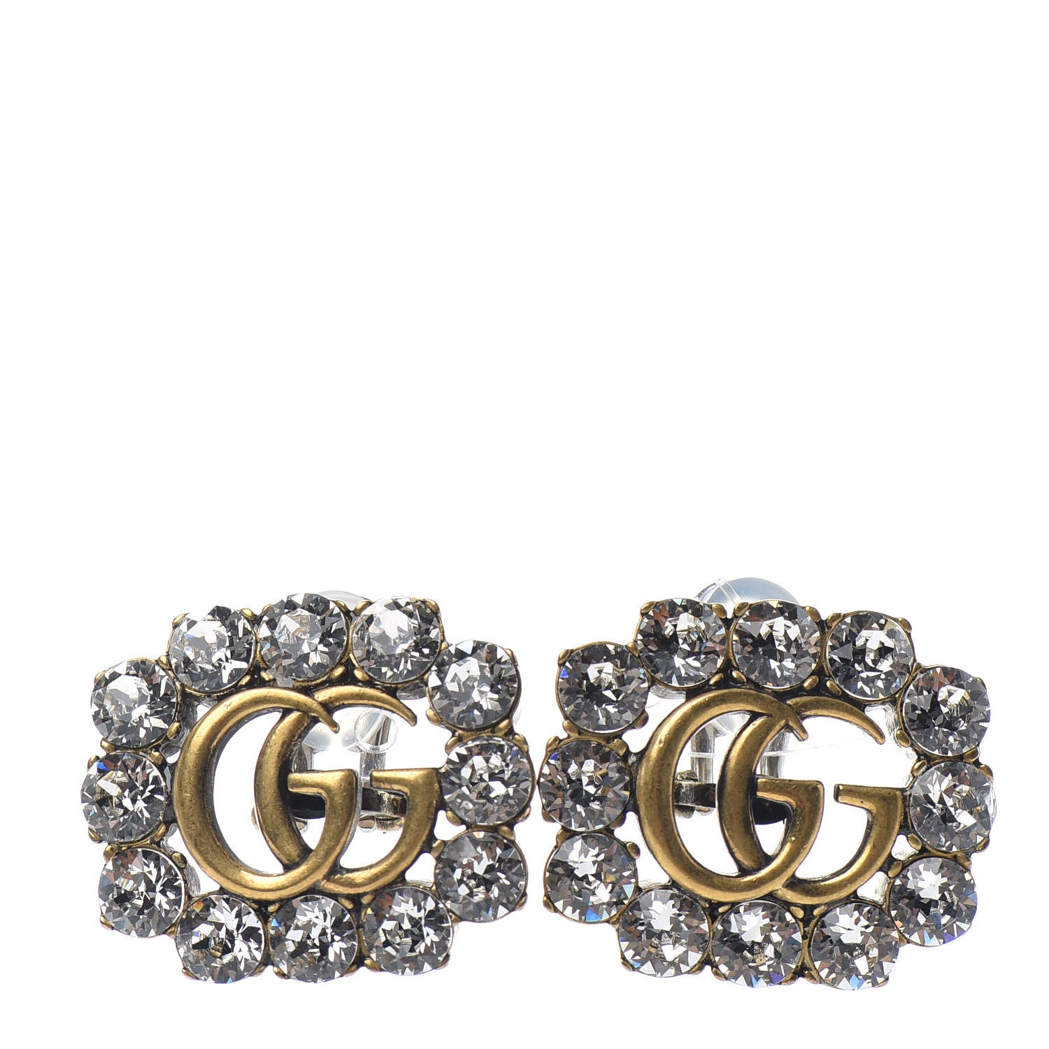 Gucci Metal Crystal Double G Clip On Earrings Aged Gold 1 of 4