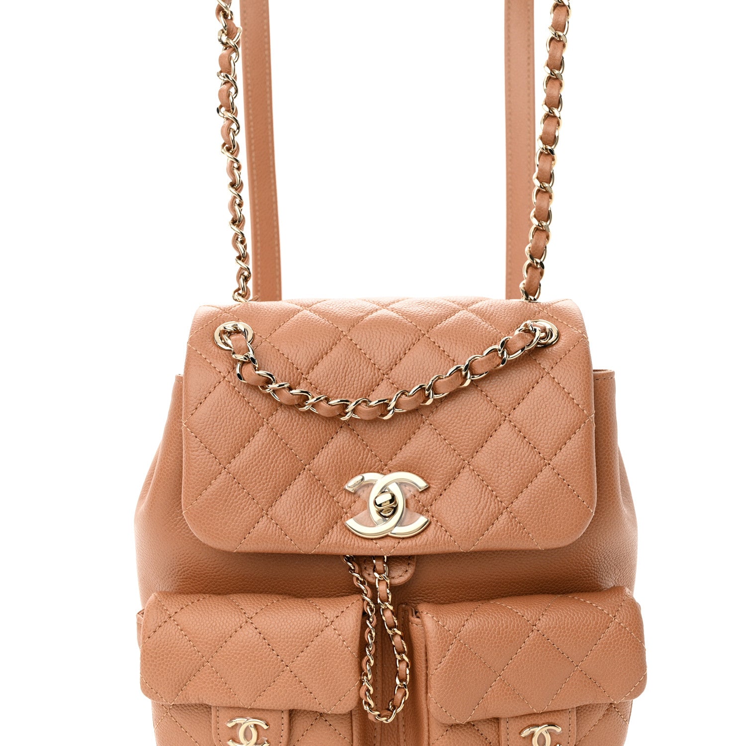 Chanel Shiny Caviar Quilted Medium Duma Pockets Drawstring Backpack Dark Beige 8 of 10