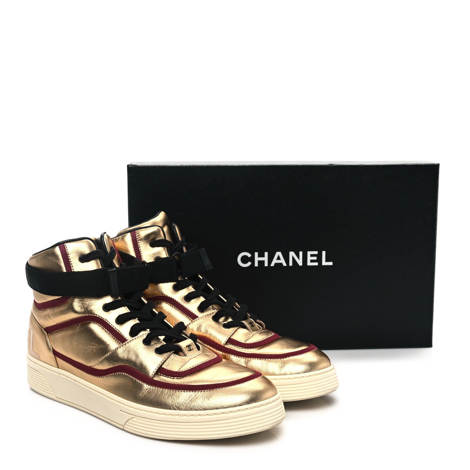 Chanel Metallic Satin Lambskin Mens Logo High Top Sneakers 46 Gold Burgundy 9 of 9