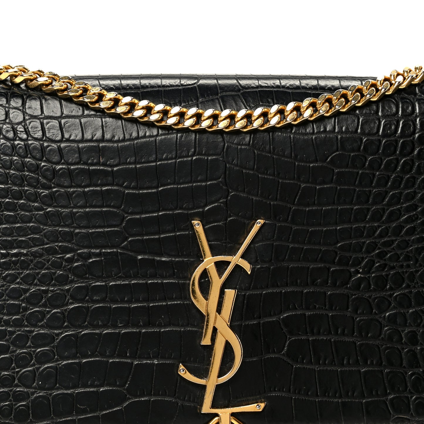 Calfskin Crocodile Embossed Medium Classic Monogram Kate Tassel Satchel Black