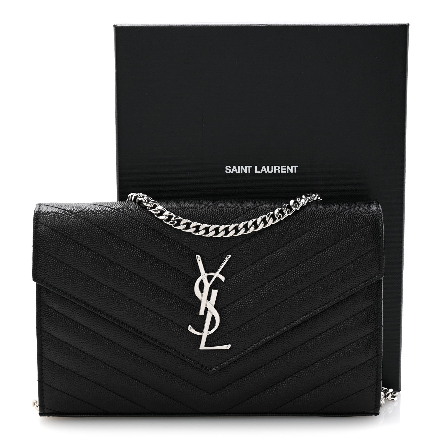 Saint Laurent Grain De Poudre Matelasse Chevron Monogram Chain Wallet Black Black 12 of 12