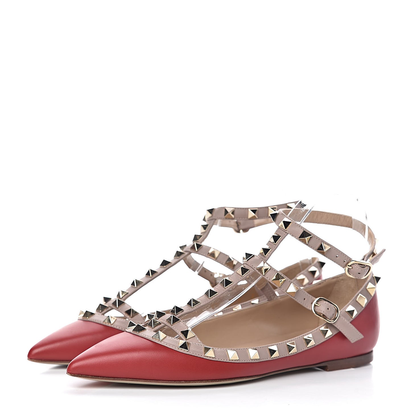 Calfskin Nappa Rockstud Cage Ballerina Flats 37 Rosso Valentino Poudre