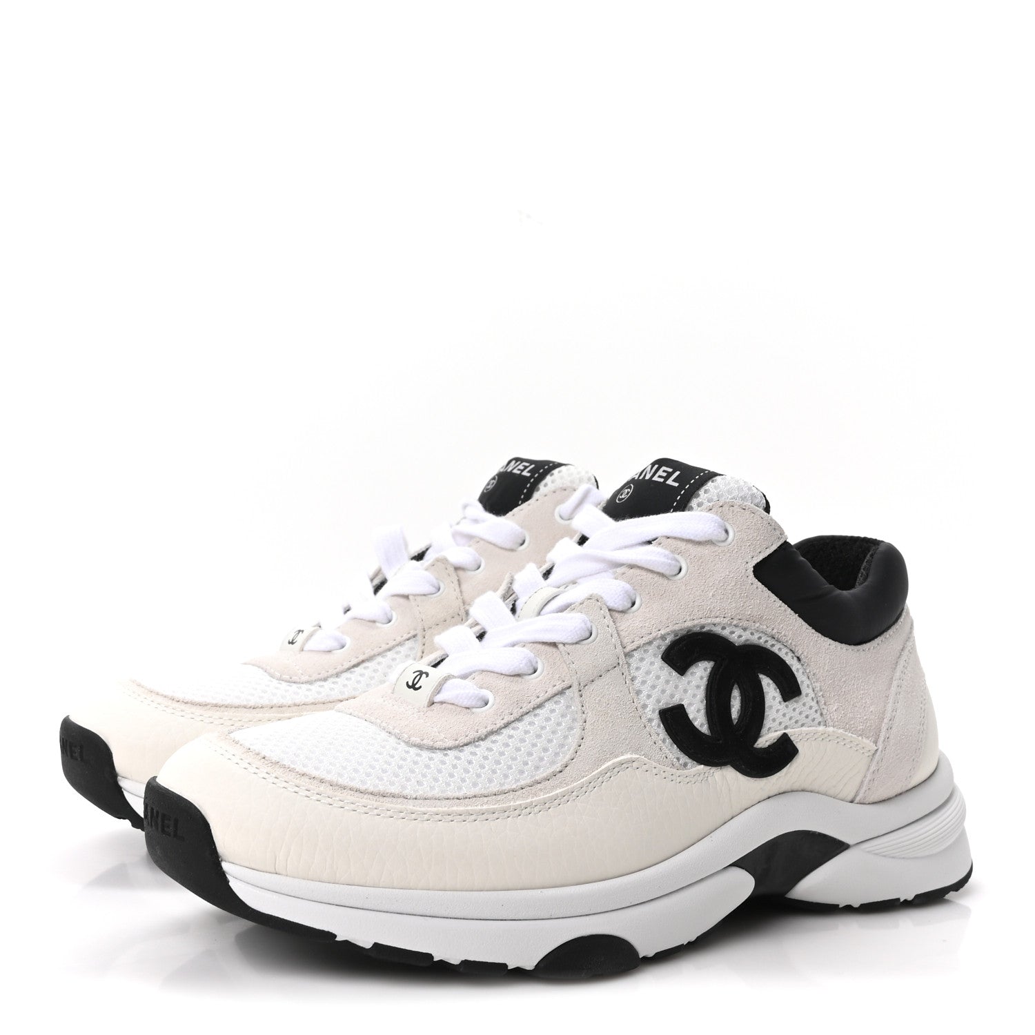 Chanel Mesh Suede Grained Calfskin Womens CC Sneakers 38 White Black 4 of 10