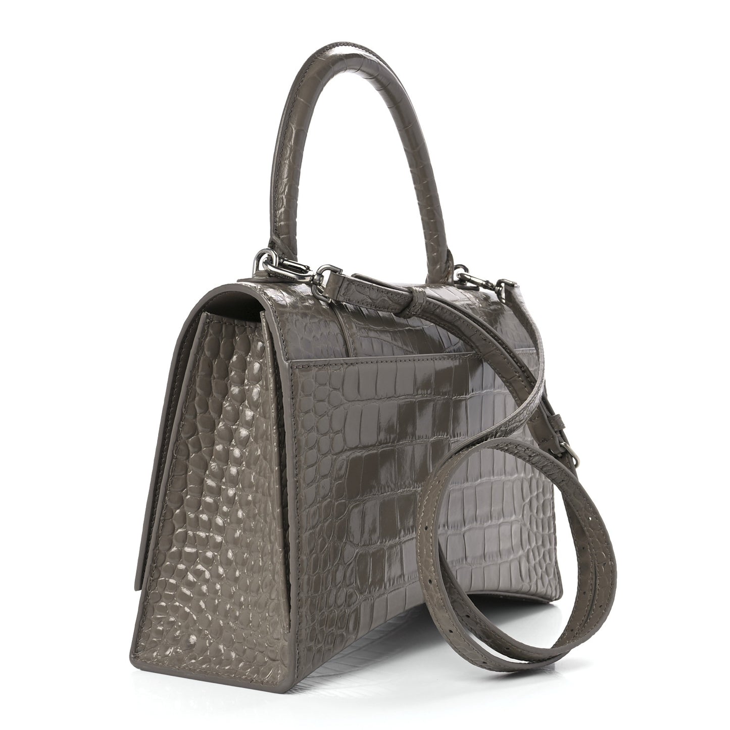Shiny Calfskin Crocodile Embossed Medium Hourglass Top Handle Bag Mink Grey
