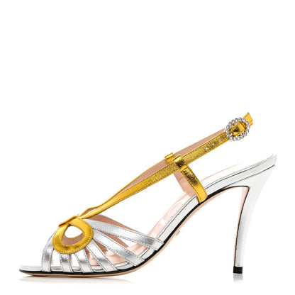 Gucci Metallic Nappa Crystal Zephyra Slingback High Heel Sandals 36.5 Silver Gold 1 of 10