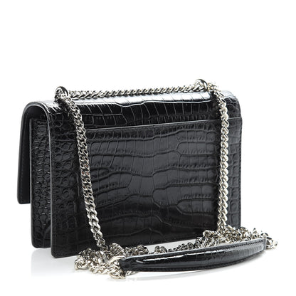 Saint Laurent Calfskin Crocodile Embossed Monogram Sunset Chain Wallet Black 3 of 10