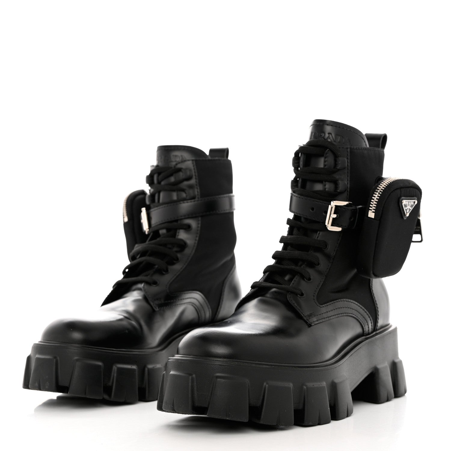 Prada Spazzolato Rois Re-Nylon Metal Triangle Logo Monolith Pouch Pocket 55mm Boots 39.5 Black 3 of 9