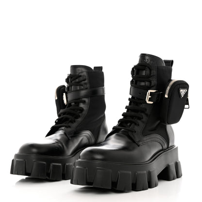 Prada Spazzolato Rois Re-Nylon Metal Triangle Logo Monolith Pouch Pocket 55mm Boots 39.5 Black 3 of 9