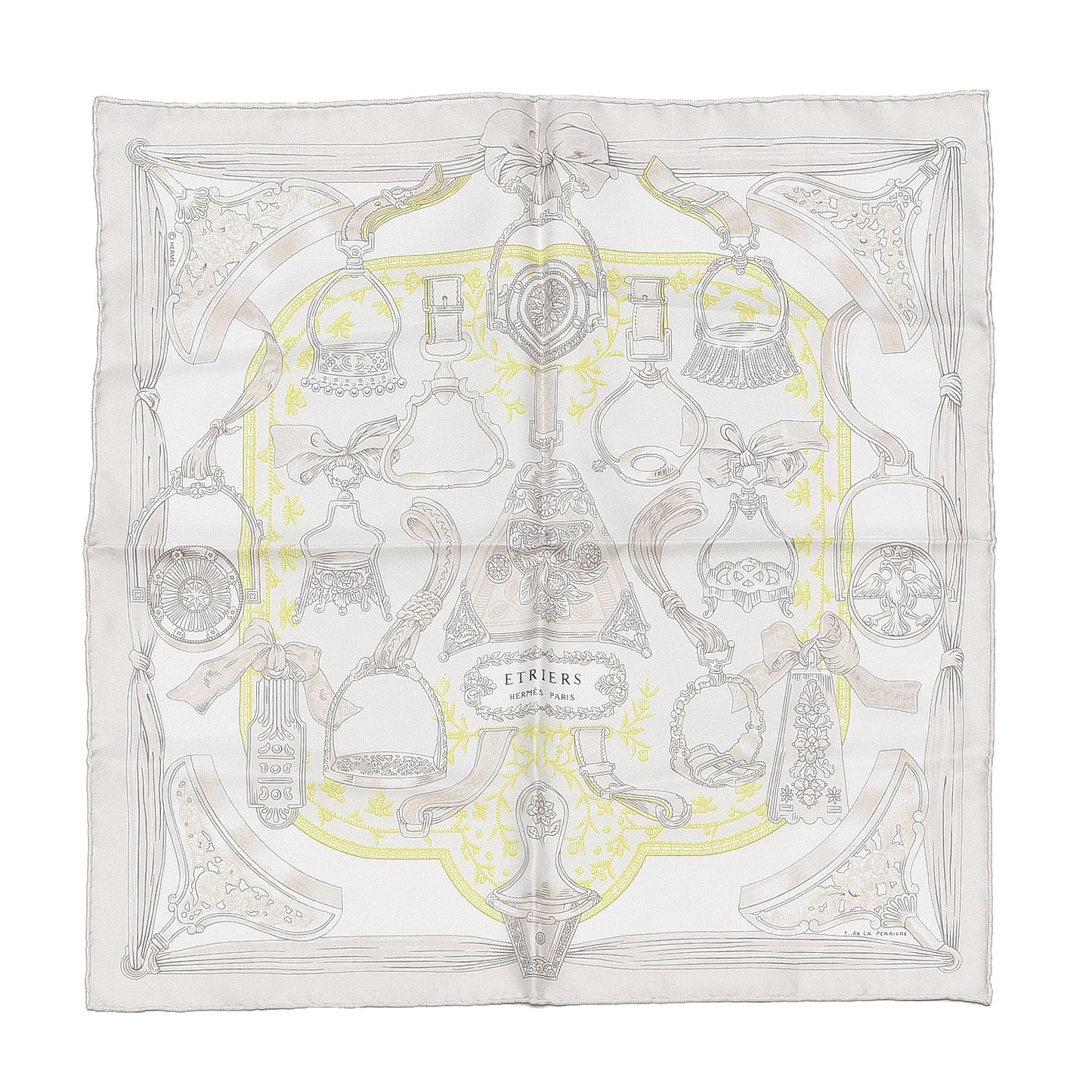 Silk Etriers Pocket Square Ivory Gris Perle Blanc