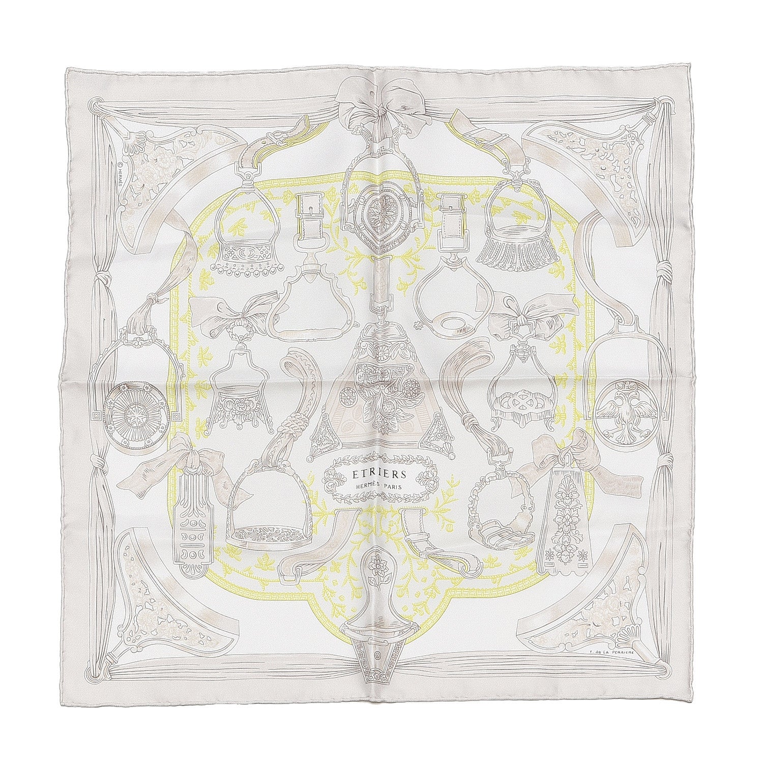 Hermes Silk Etriers Pocket Square Ivory Gris Perle Blanc 1 of 5