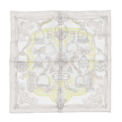 Hermes Silk Etriers Pocket Square Ivory Gris Perle Blanc 1 of 5