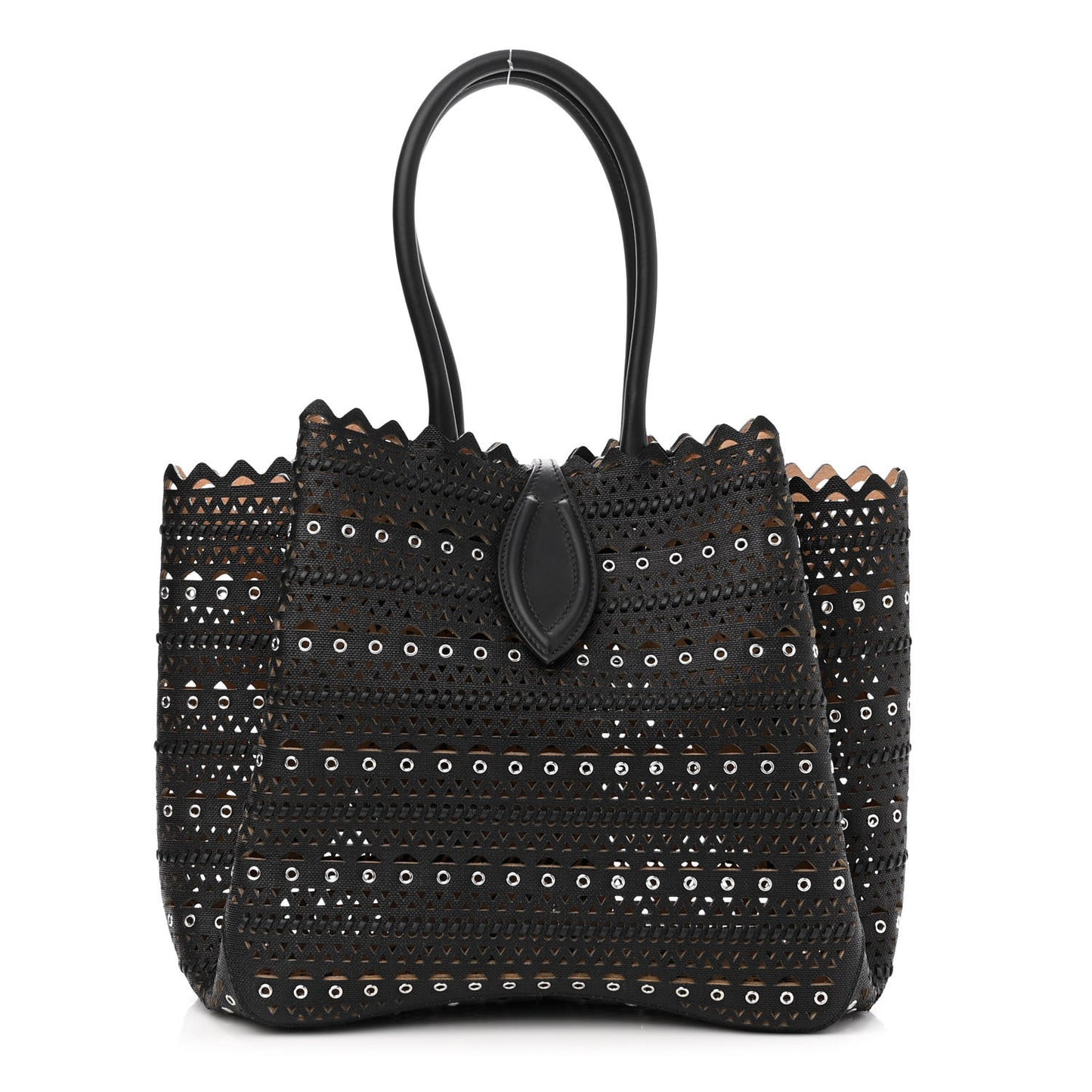 Calfskin Laser Cut Grommet Angele 25 Tote Black