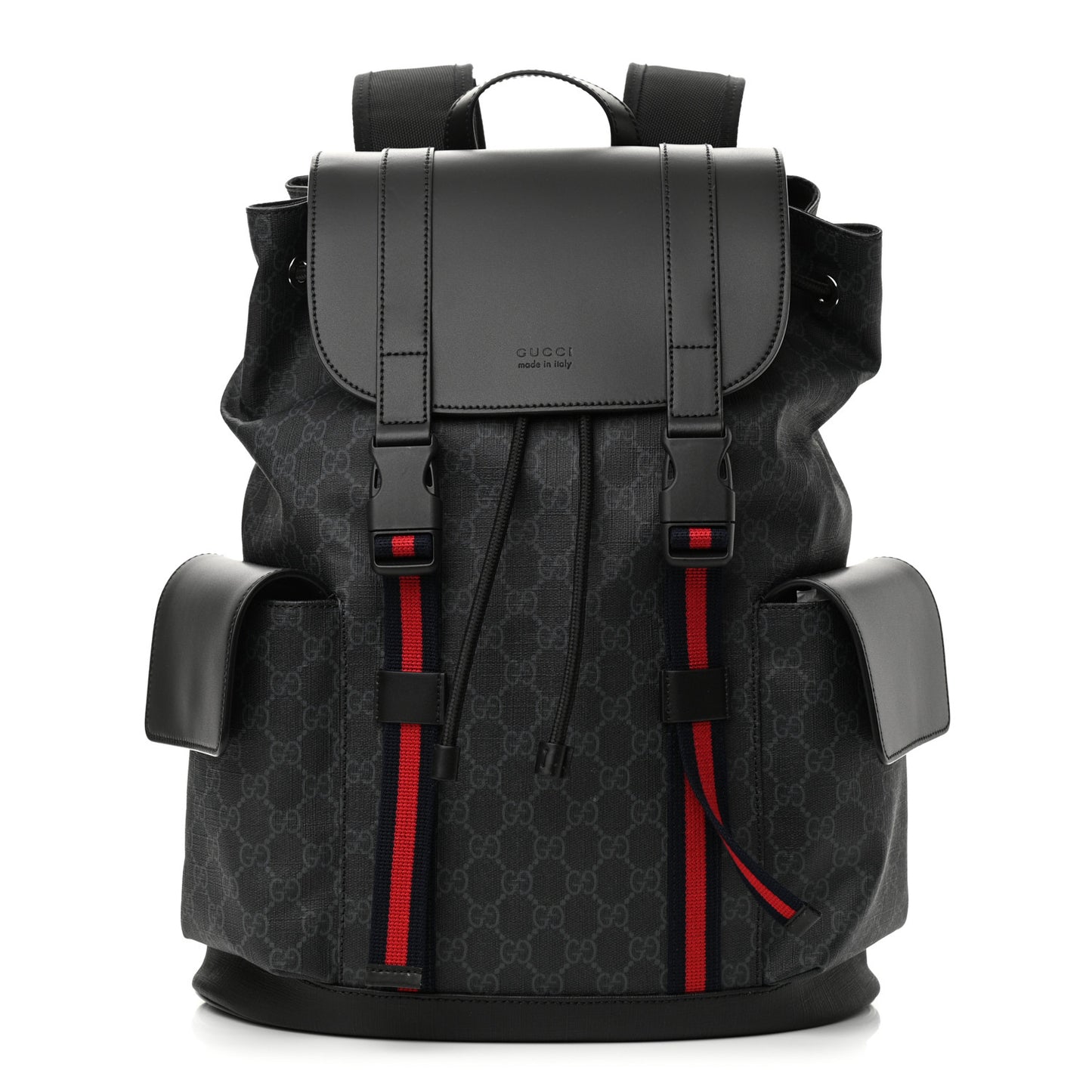 Soft GG Supreme Monogram Appia Calfskin Web Double Buckle Backpack Black