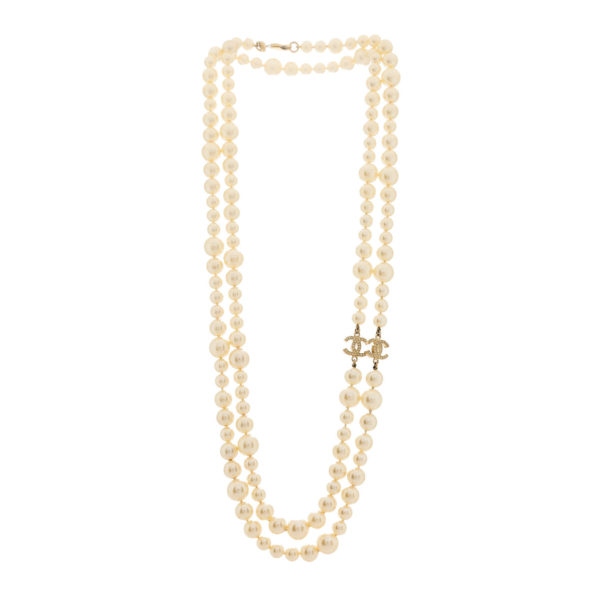 Graduated Pearl Crystal CC Long Necklace Silver