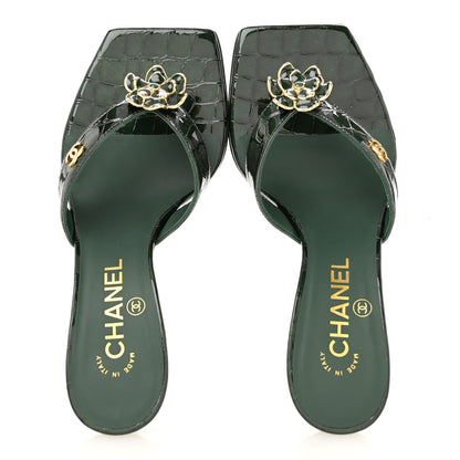Chanel Crocodile Embossed Patent Calfskin Camelia Thong Sandals 37 Dark Green 2 of 10