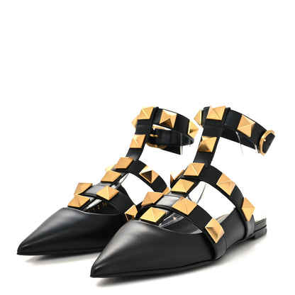 Valentino Garavani Calfskin Roman Stud Ankle Strap Flat Mules 38.5 Black 3 of 8