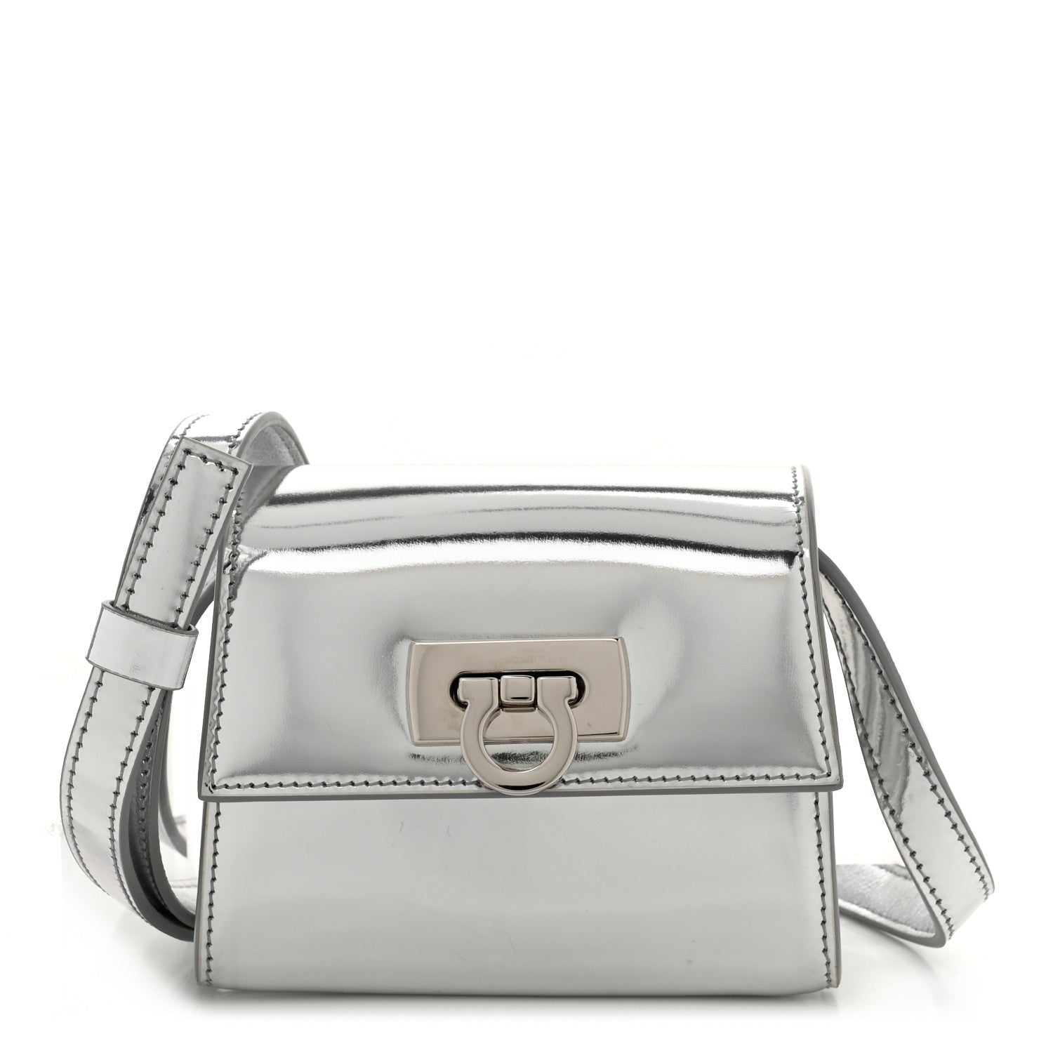 Salvatore Ferragamo Metallic Calfskin Gancini Credit Card Holder With Strap Argento 1 of 10