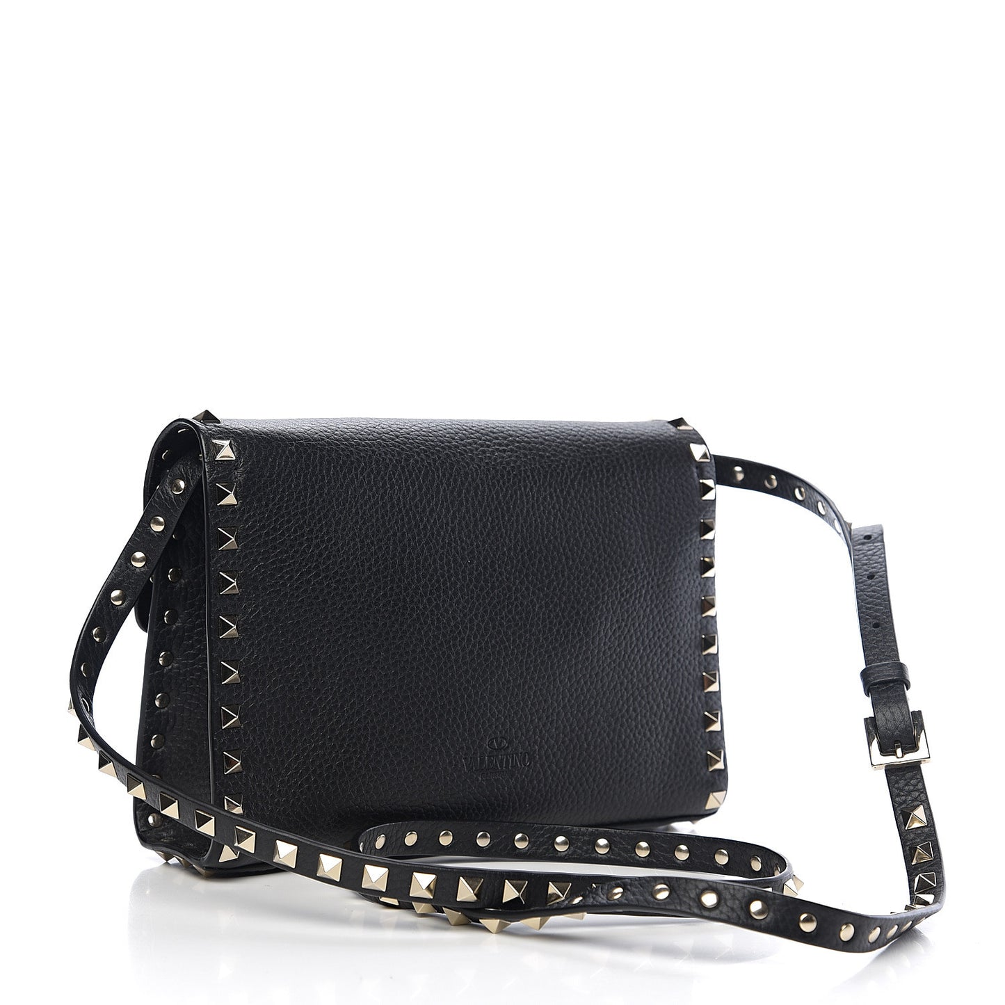 Pebbled Calfskin Medium Rockstud Flip Lock Crossbody Bag Black