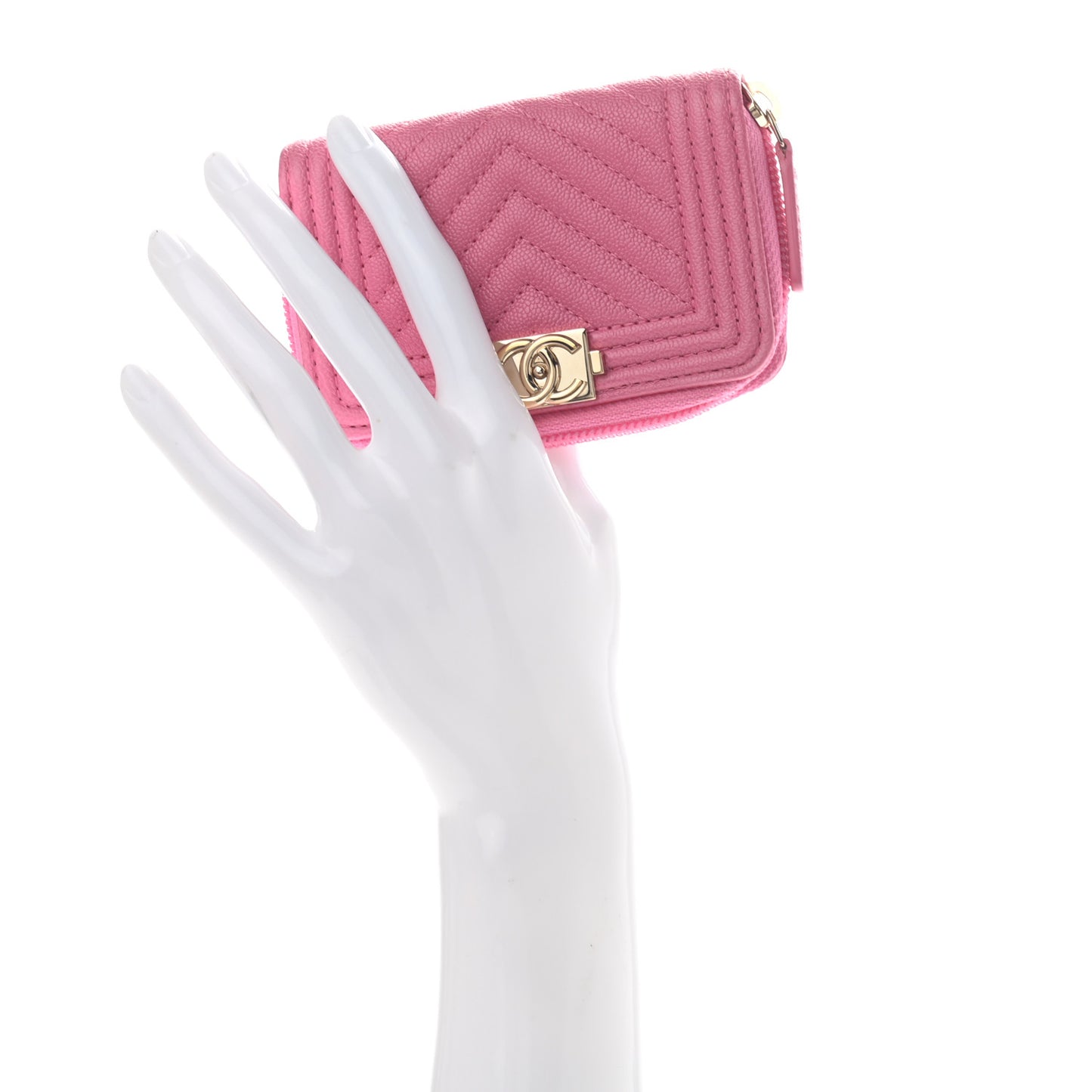Caviar Chevron Quilted Boy Zip Around Coin Purse Wallet Dark Pink