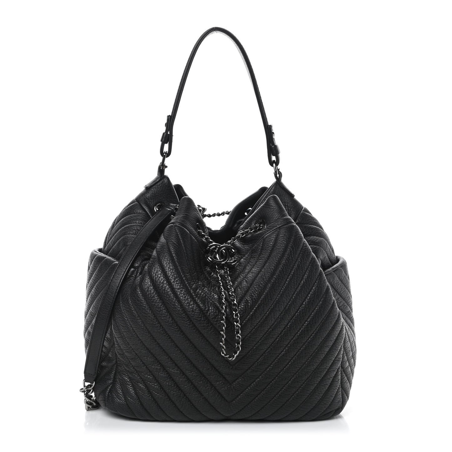Deerskin Chevron Large CC Chain Bucket Drawstring Bag Black
