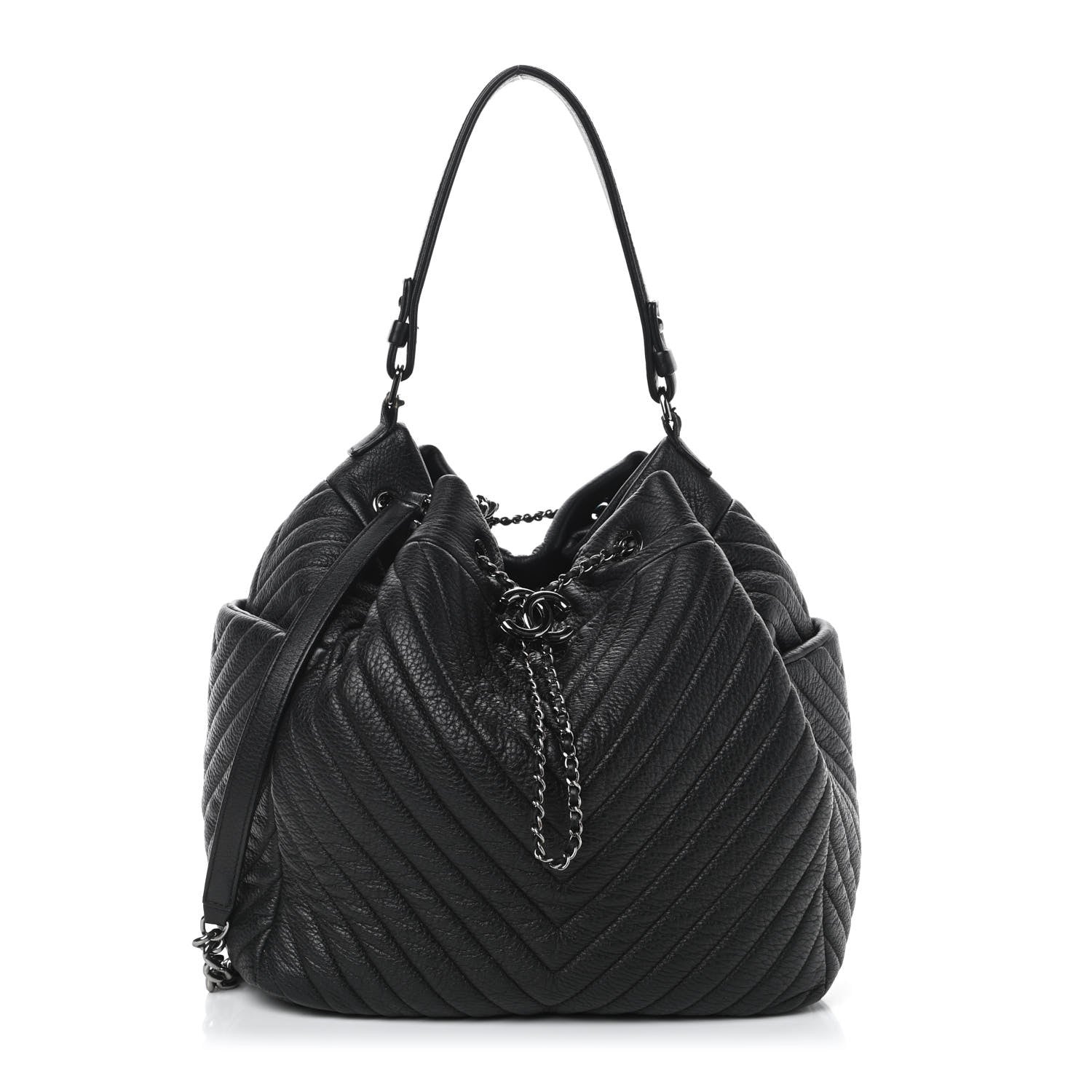 Chanel Deerskin Chevron Large CC Chain Bucket Drawstring Bag Black 1 of 4