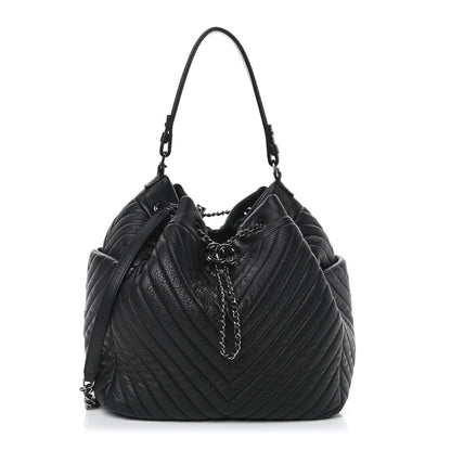 Chanel Deerskin Chevron Large CC Chain Bucket Drawstring Bag Black 1 of 4