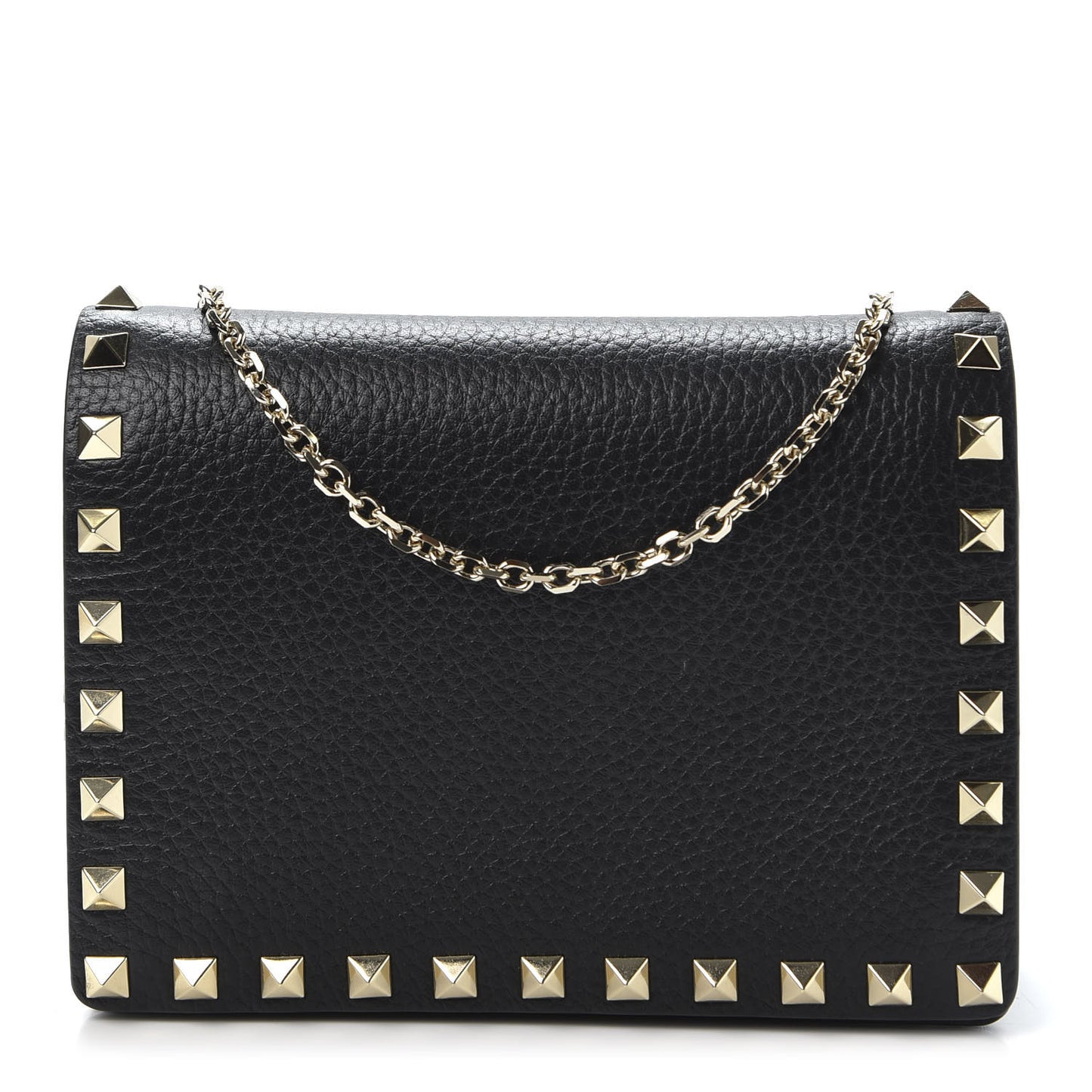 Pebbled Calfskin Rockstud Wallet on Chain Black