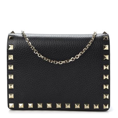 Valentino Garavani Pebbled Calfskin Rockstud Wallet on Chain Black 1 of 8