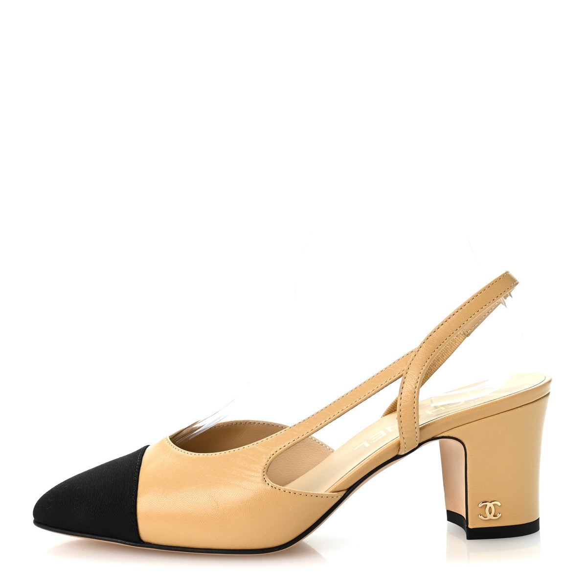 Chanel Goatskin Grosgrain Cap Toe CC Slingback Pumps 37 Beige Black 1 of 9