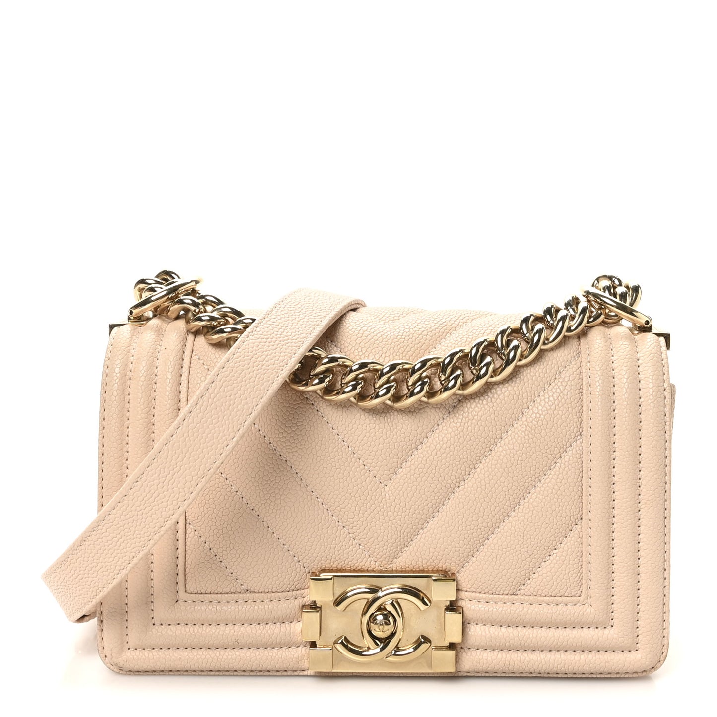 Caviar Chevron Quilted Small Boy Flap Light Beige
