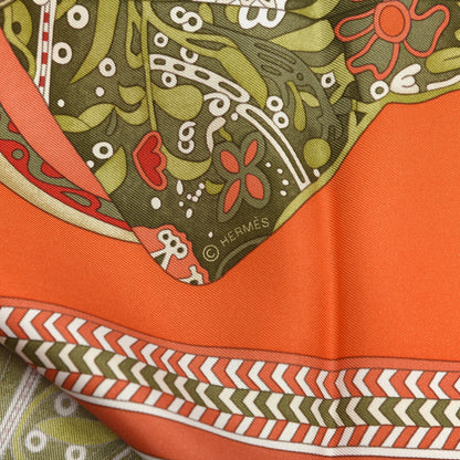 Hermes Silk Selle Des Steppes Scarf 90 Orange Kaki Corail 4 of 5