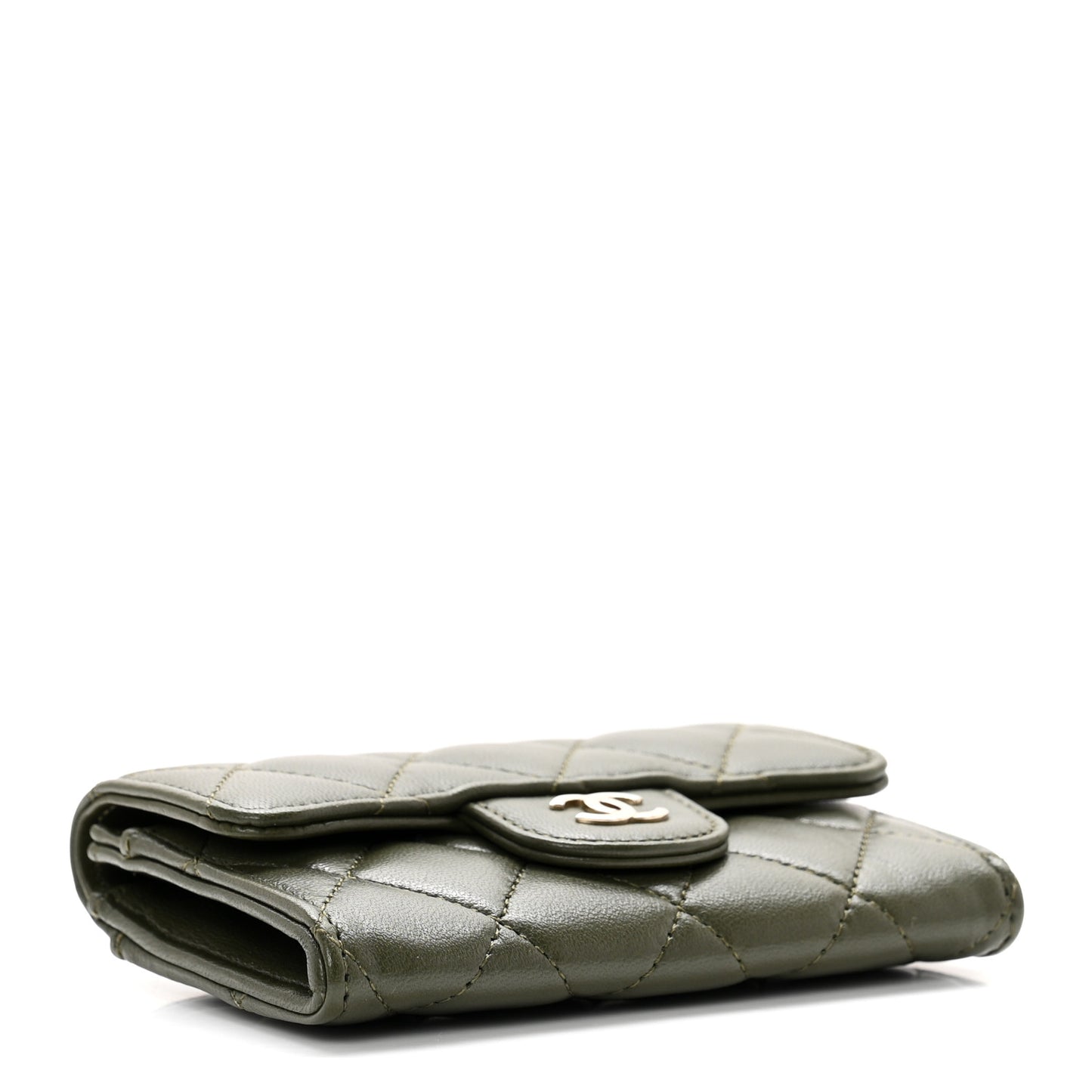 Lambskin Quilted Flap Card Holder Wallet Khaki