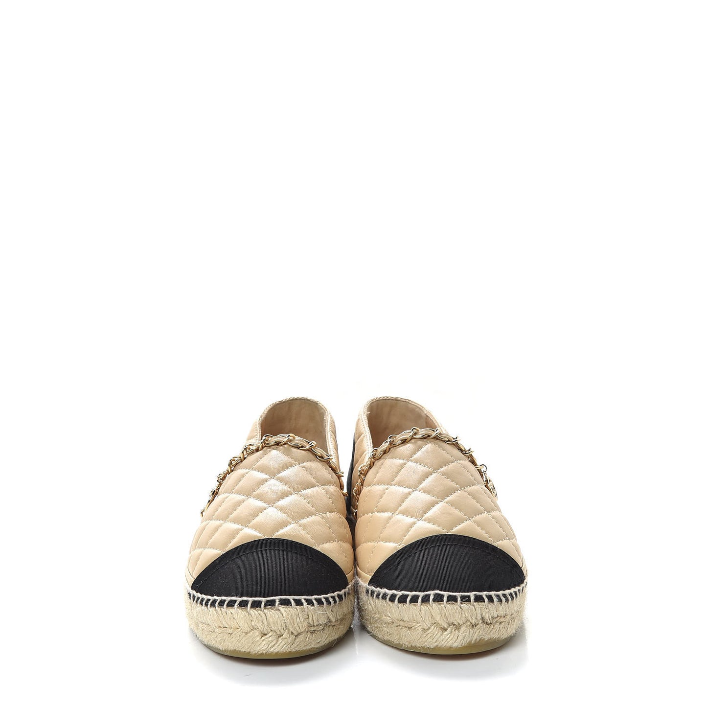 Lambskin Grosgrain Chain Quilted CC Espadrilles 40 Beige Black