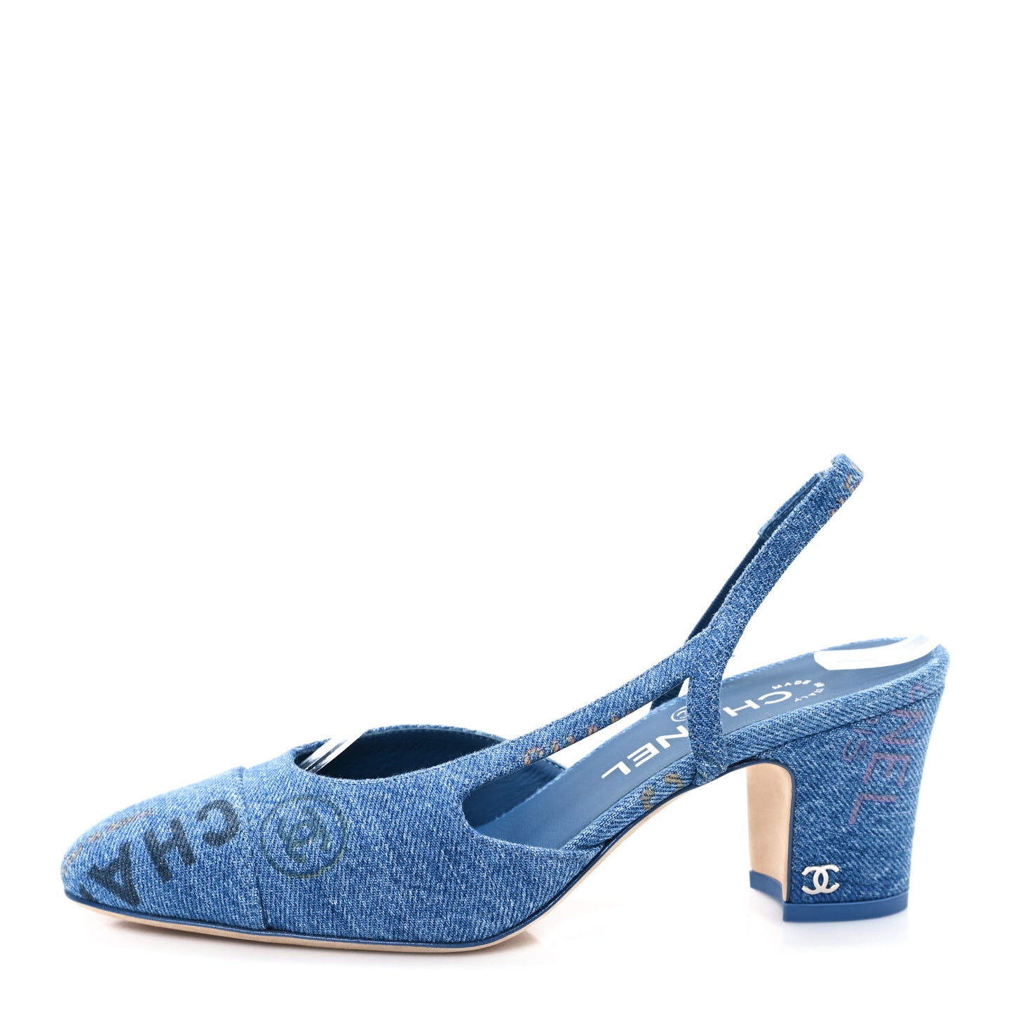 Denim Printed Mood Cap Toe CC Slingback Pumps 36.5 Light Blue Multicolor